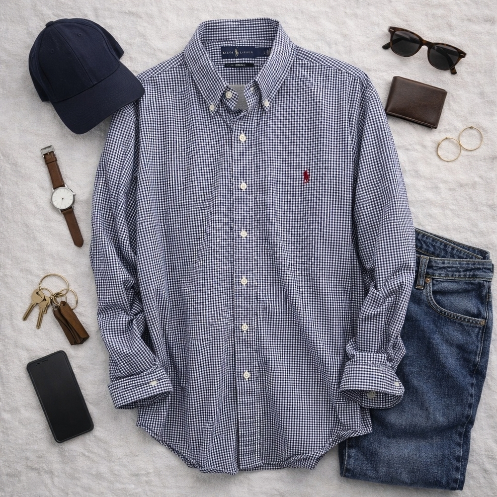 Ralph Lauren Navy and White Check L Sleeve Cotton Casual Shirt. Mens XL
